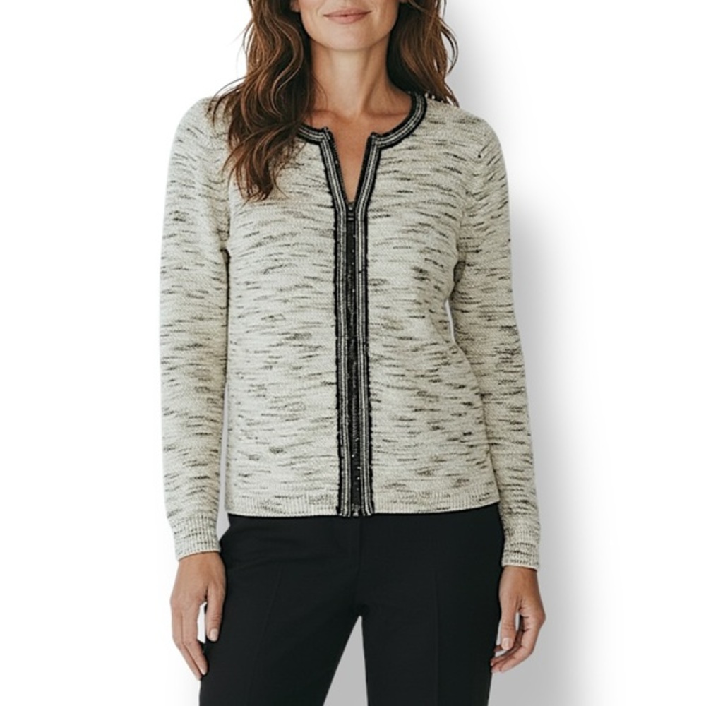 4/$20 Charter Club Petite M Black Ivory Metallic Tweed Zip Cardigan Jacket